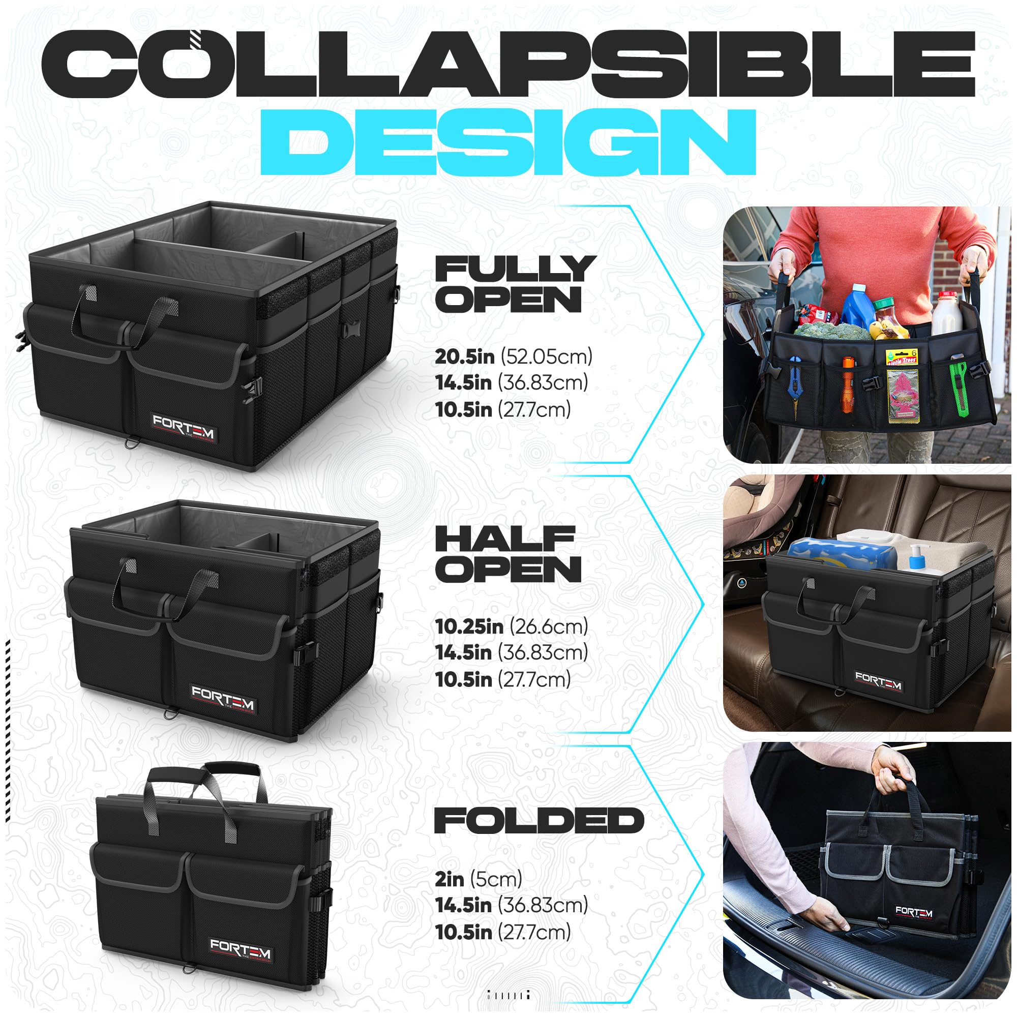 FORTEM in SUV trunk loaded with groceries keeping bags upright and secure