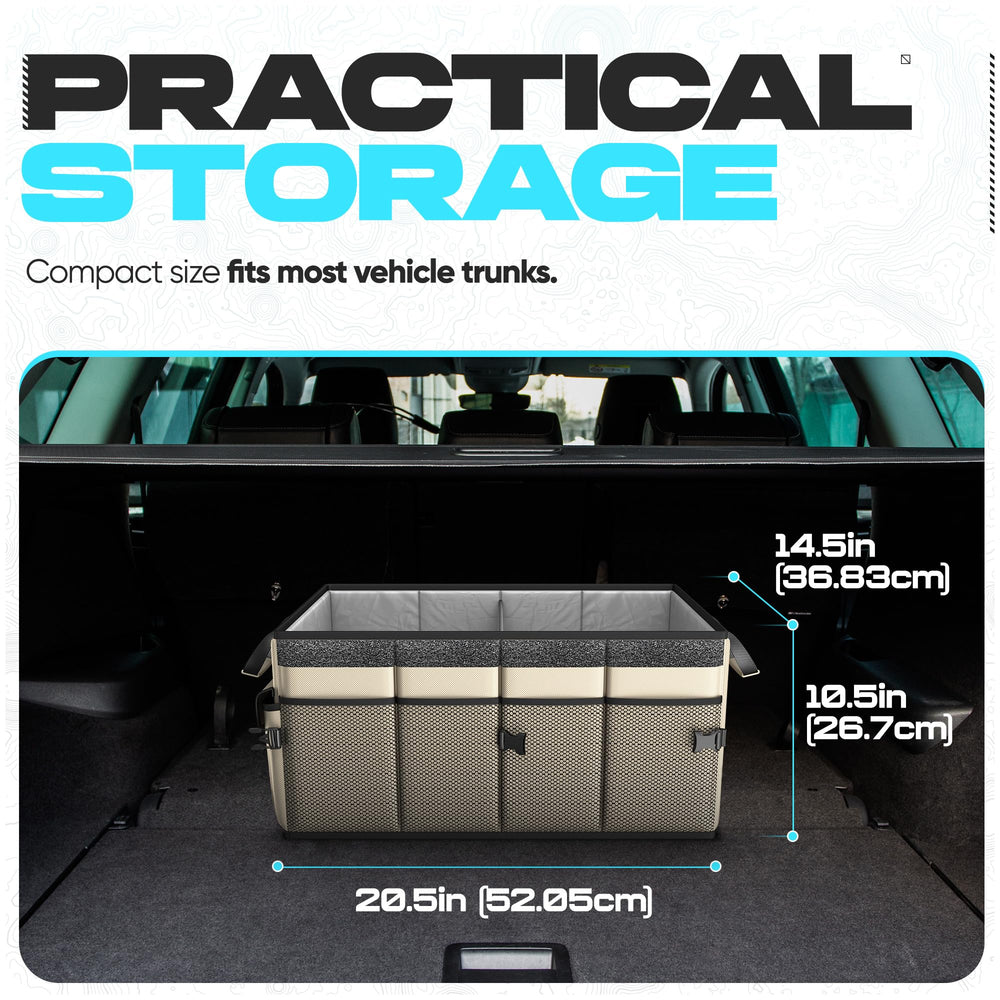 FORTEM organizer secured in trunk with adjustable straps to prevent sliding while driving