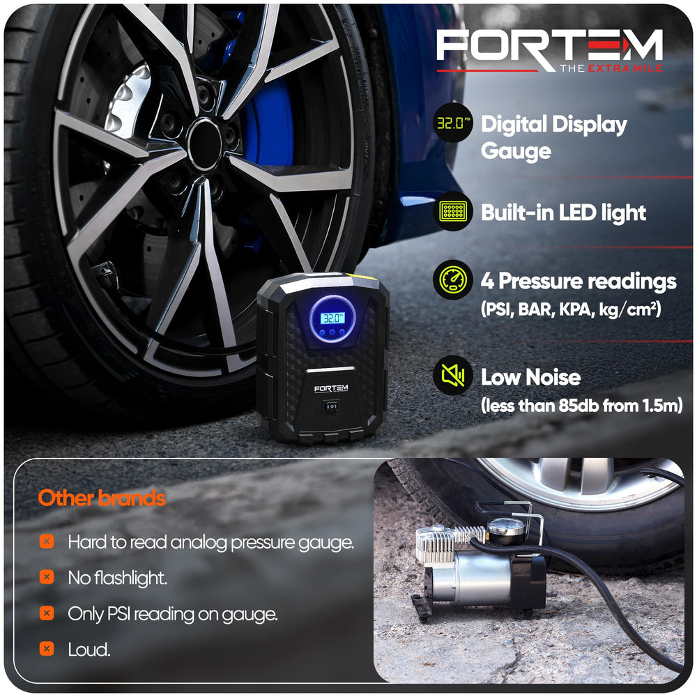 FORTEM inflator connected to a car tire demonstrating quick inflation