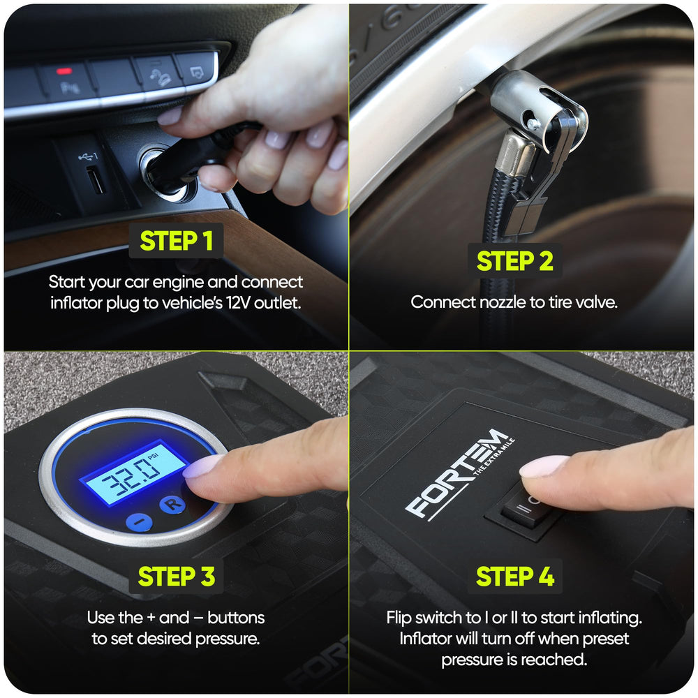 FORTEM inflating a car tire showing quick roadside tire rescue benefit