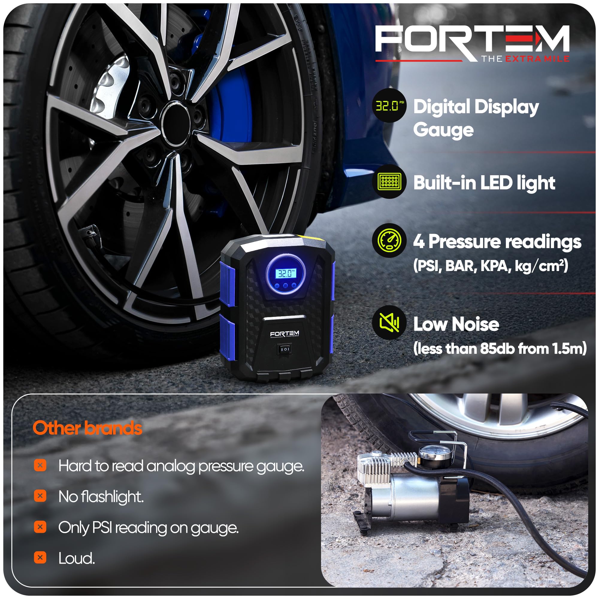 FORTEM LED flashlight illuminated showing clear visibility during nighttime use