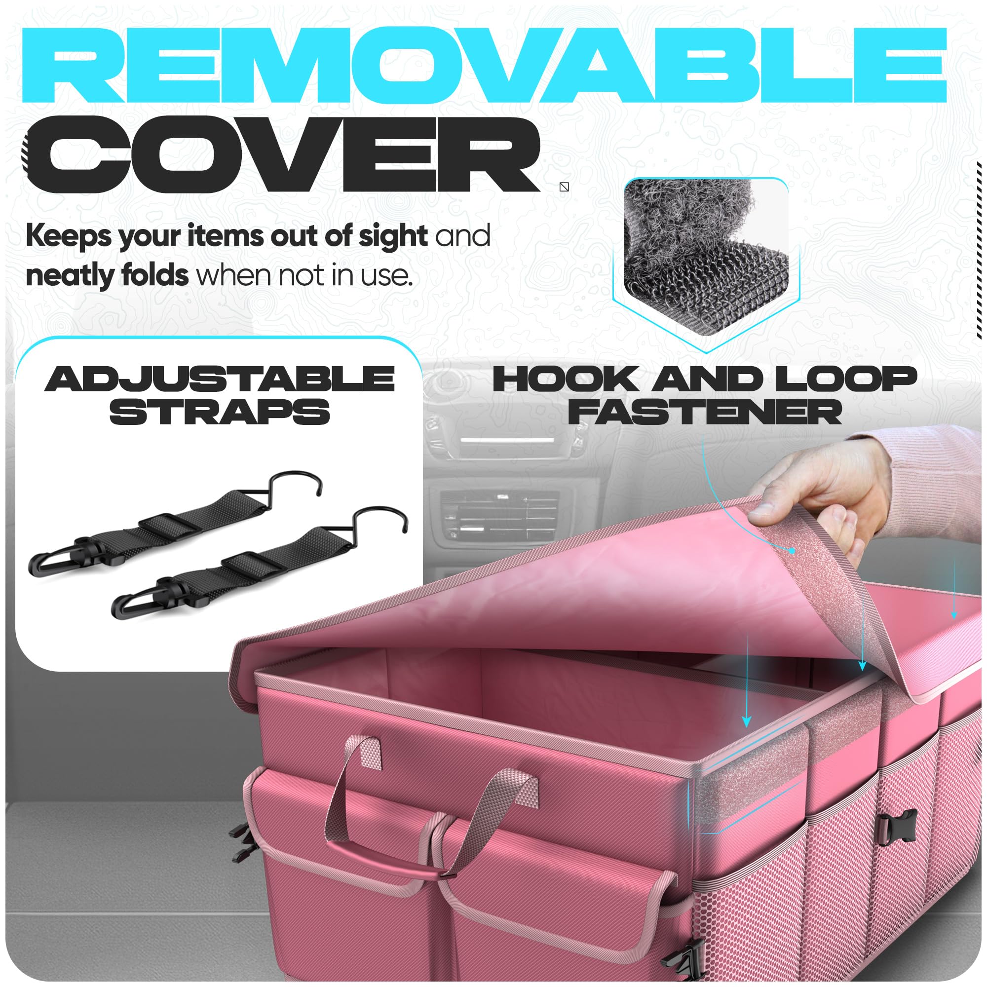 FORTEM non-slip strips and adjustable straps securing organizer in trunk