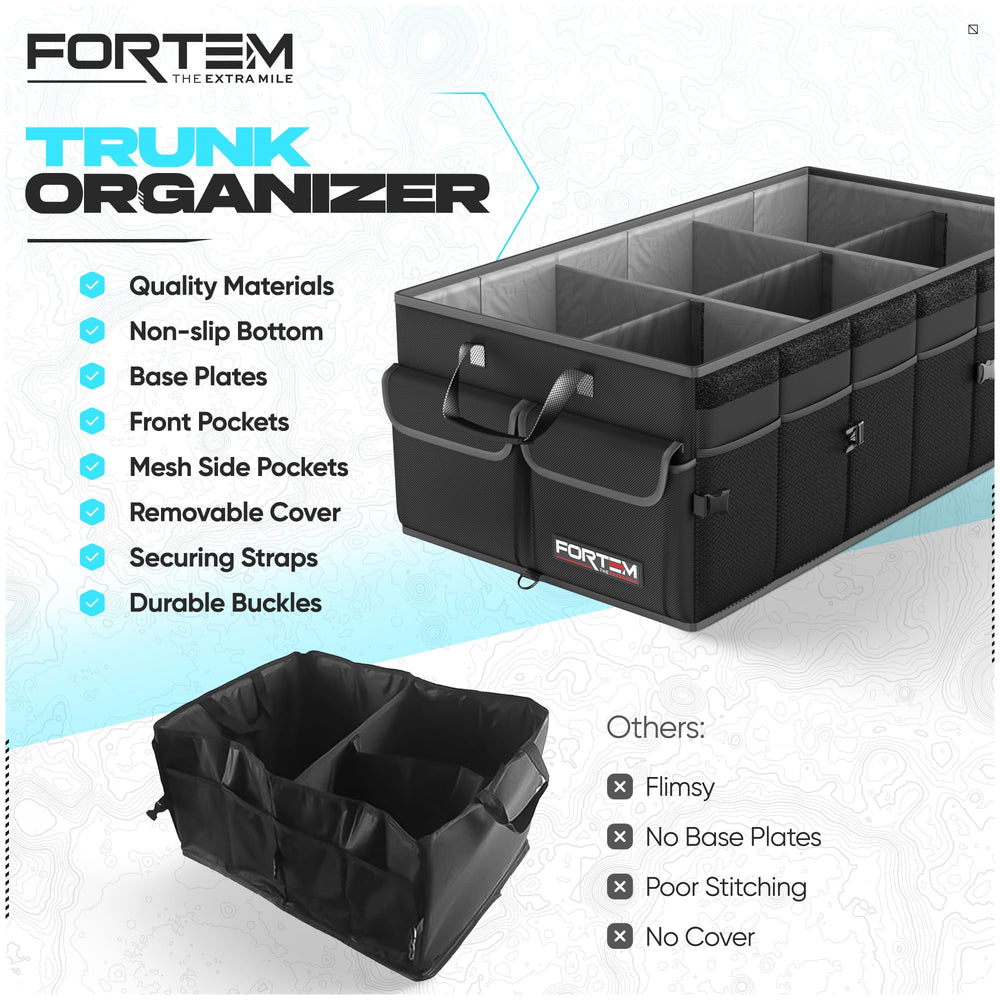 FORTEM size comparison in car trunk showing space-saving benefit