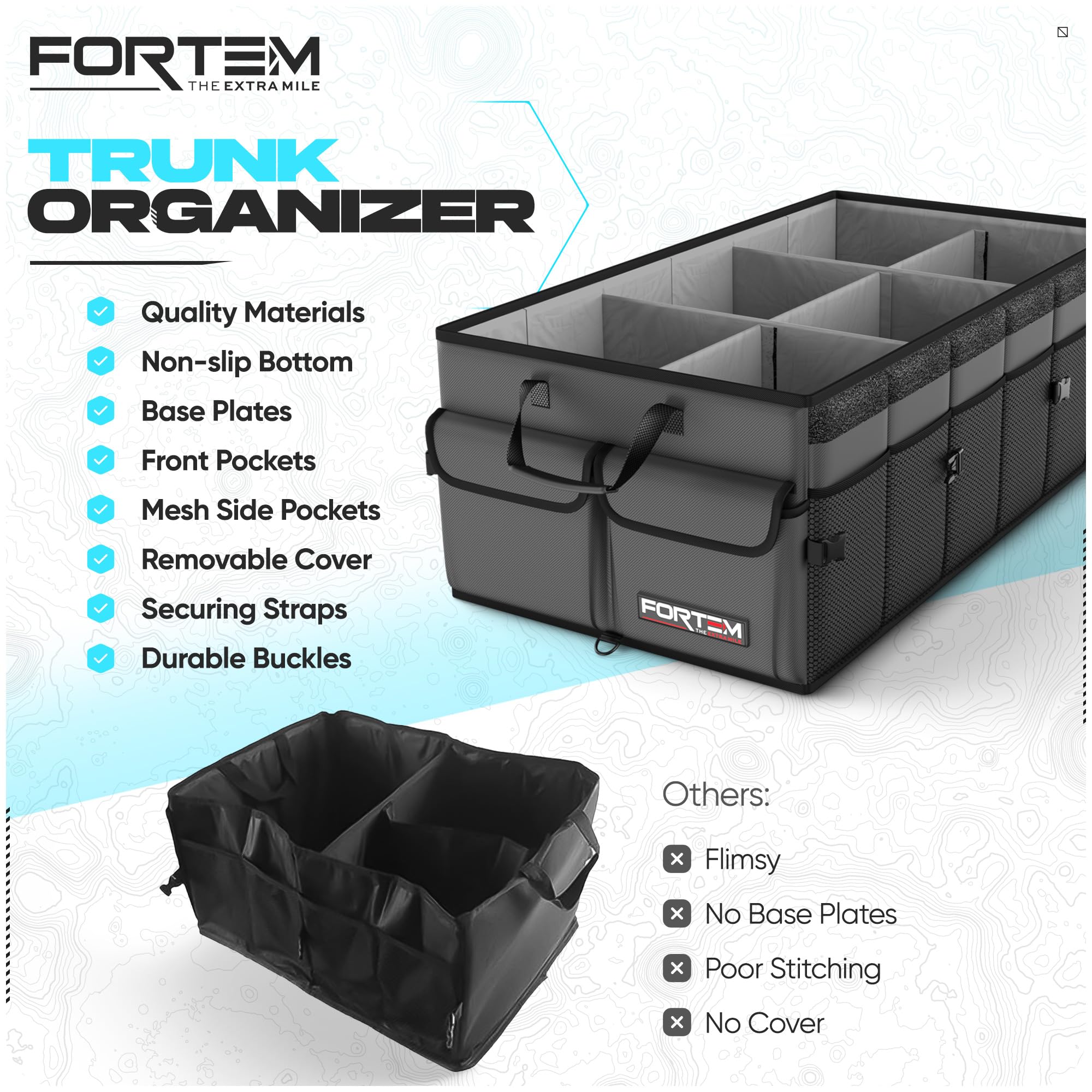 FORTEM trunk organizer beside water bottle for scale showing size clarity benefit