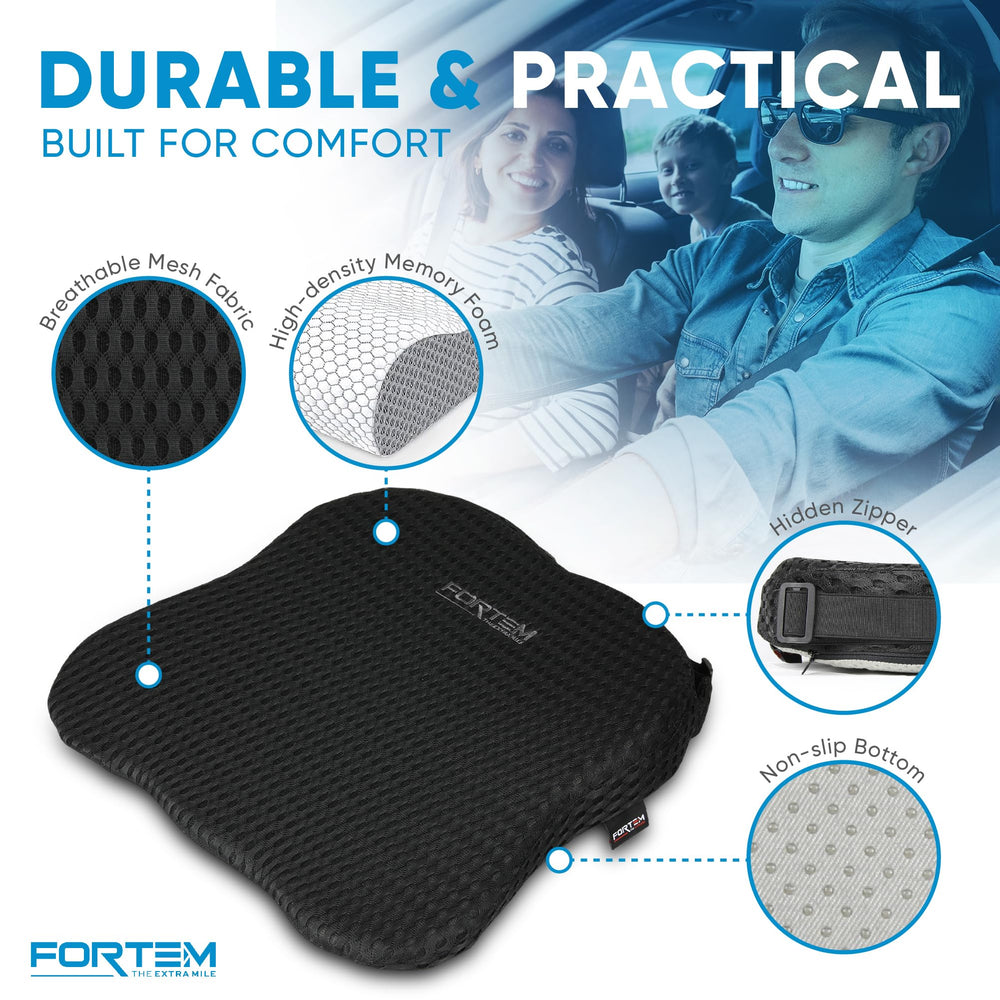 FORTEM seat cushion and lumbar pillow installed in car for improved driving comfort