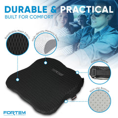 FORTEM seat cushion and lumbar pillow installed in car for improved driving comfort