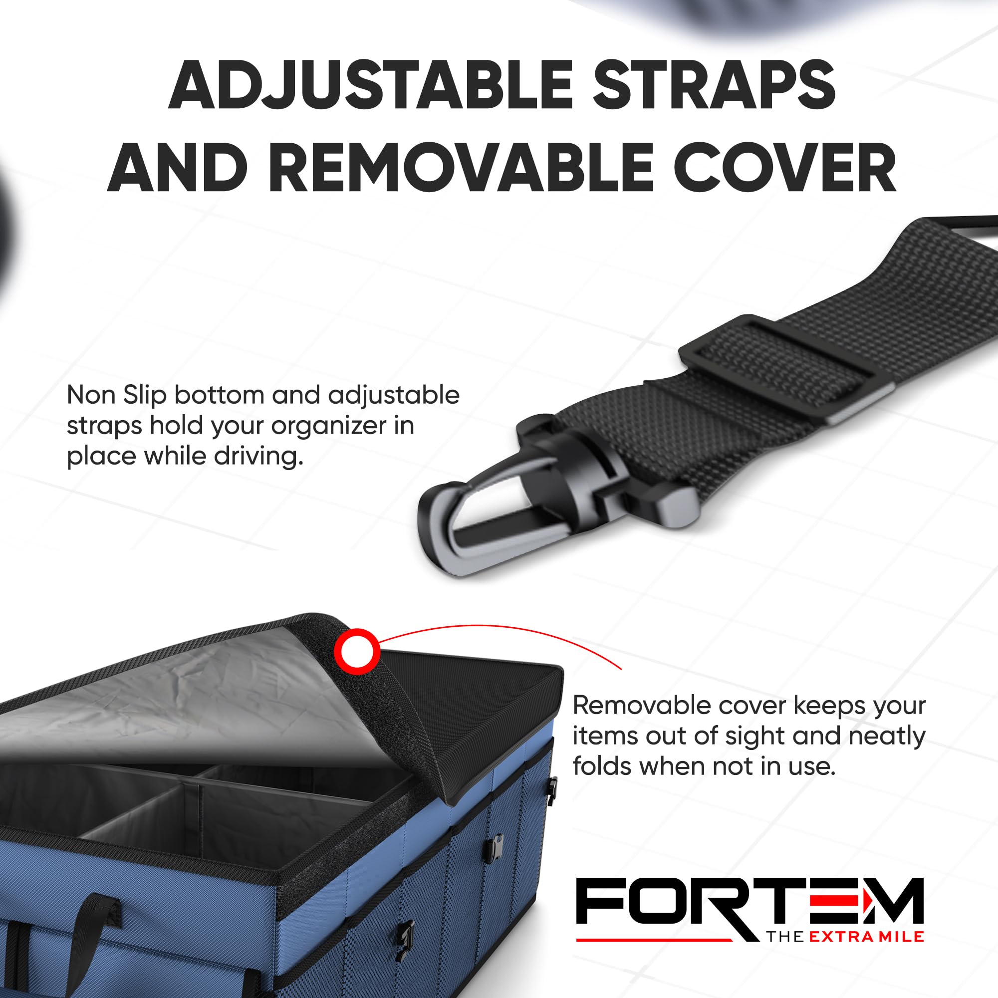 FORTEM trunk organizer collapsed flat for compact storage and convenient transport