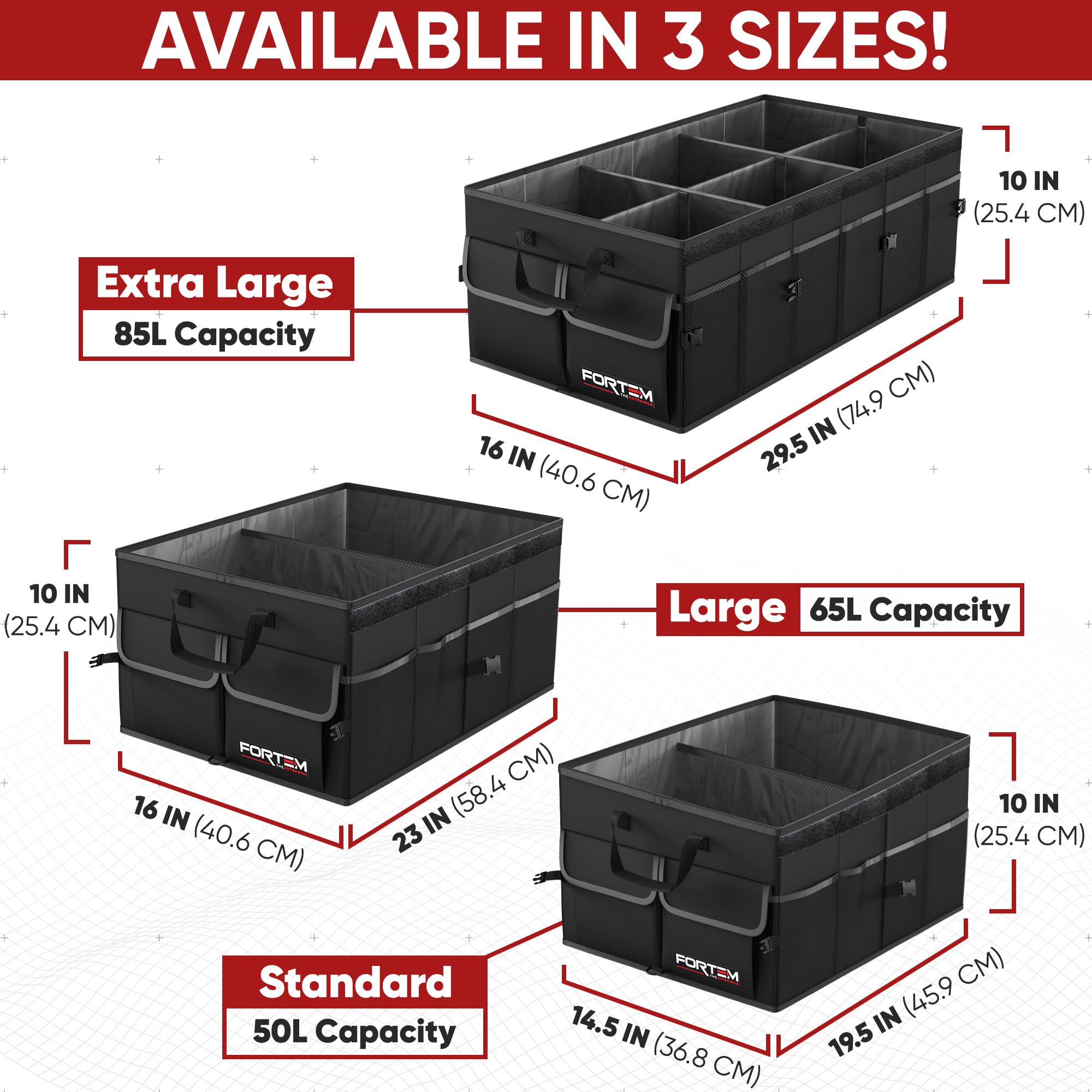 FORTEM trunk organizer open view showing compartments for sorted storage and easy access