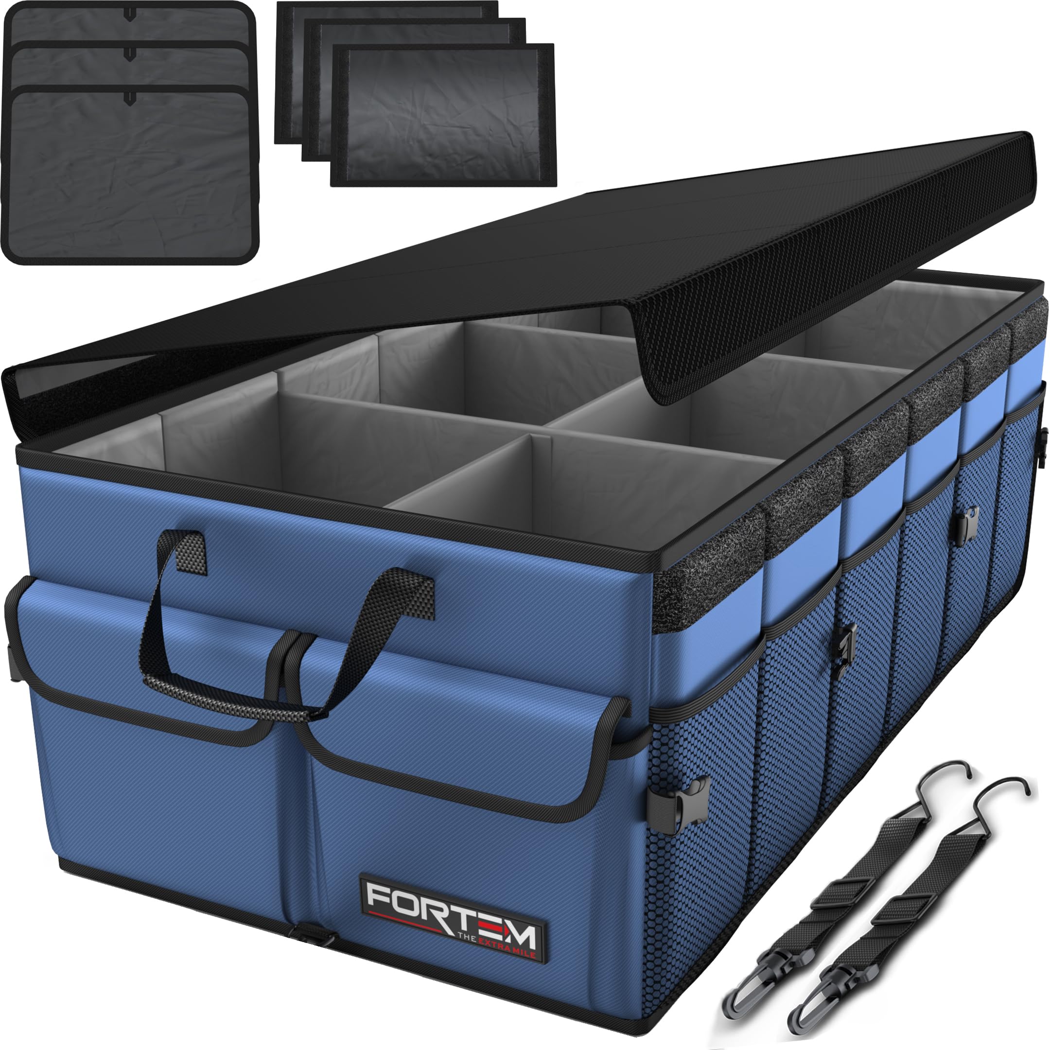 FORTEM trunk organizer front packaging showing product and features for tidy storage