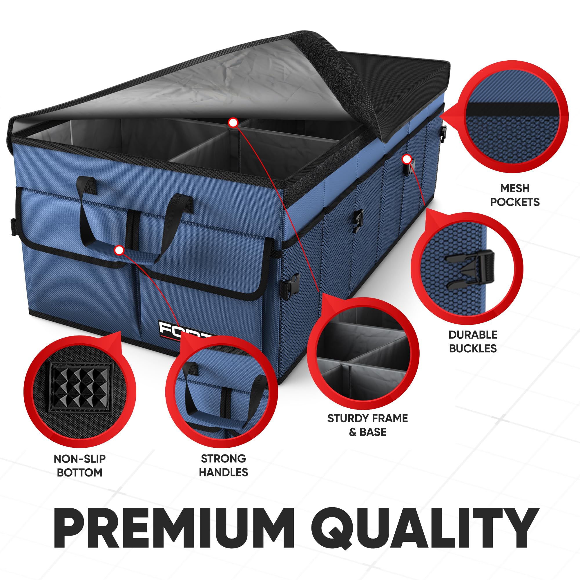 FORTEM trunk organizer rigid base close-up demonstrating sturdy support and stability