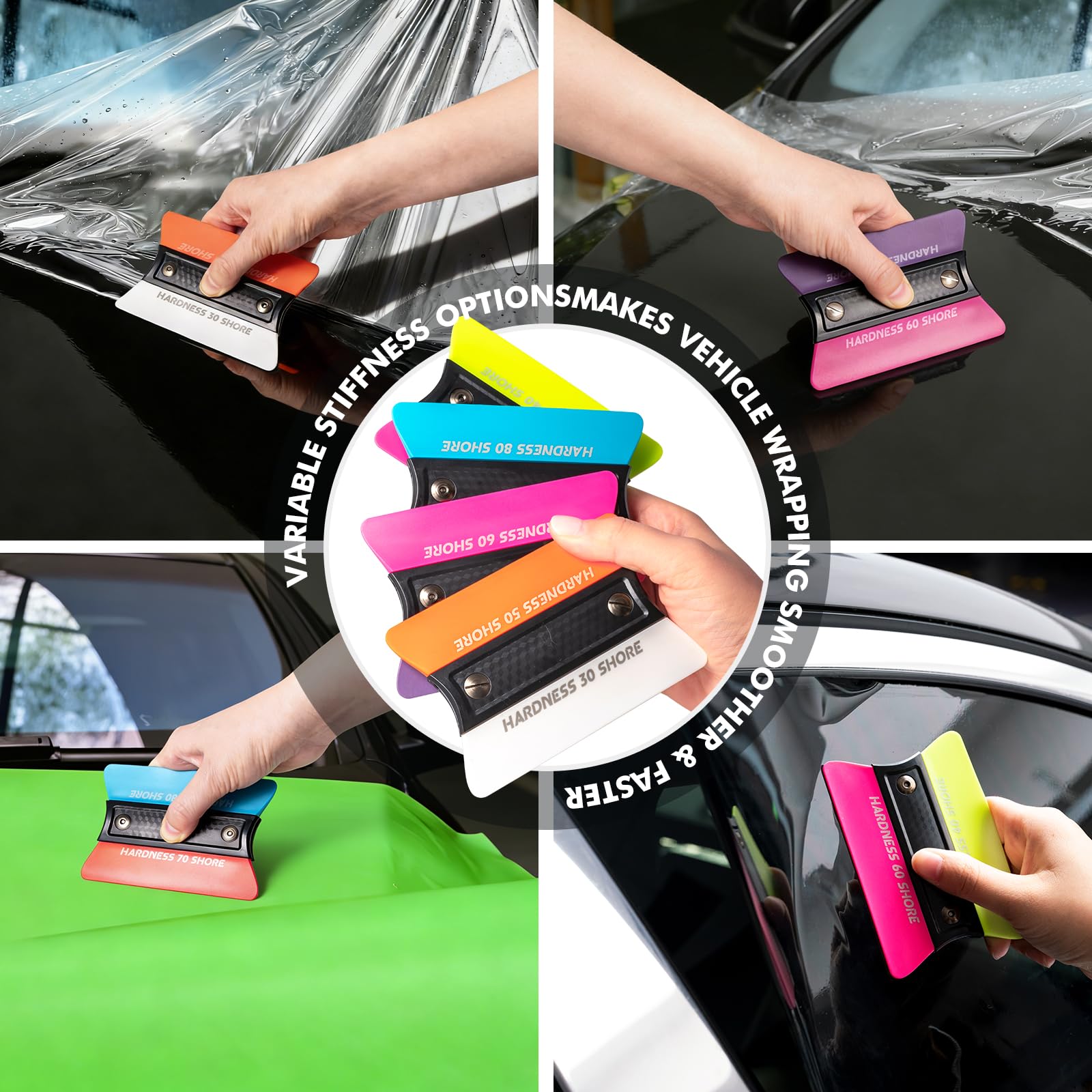 FOSHIO squeegee smoothing vinyl on a car panel for bubble-free finish