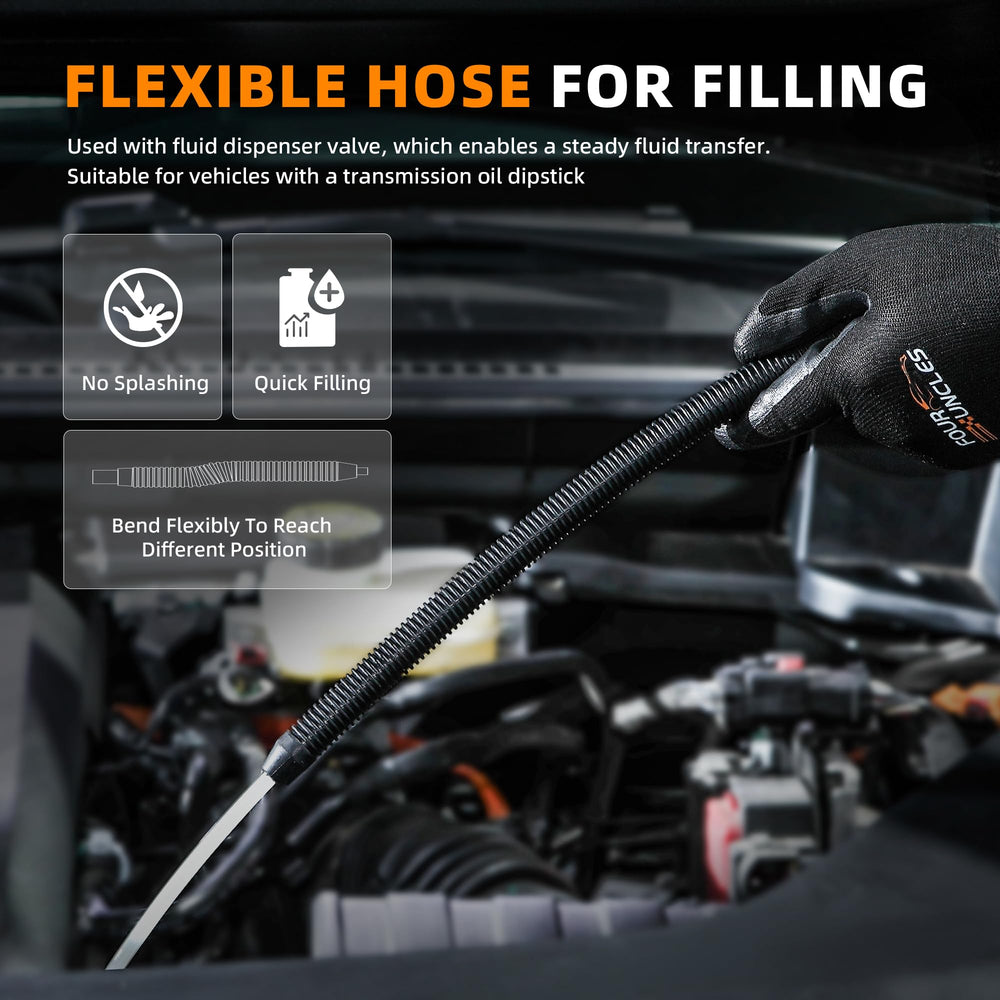 FOUR UNCLES flexible hose in use reaching a recessed fill port for easier access