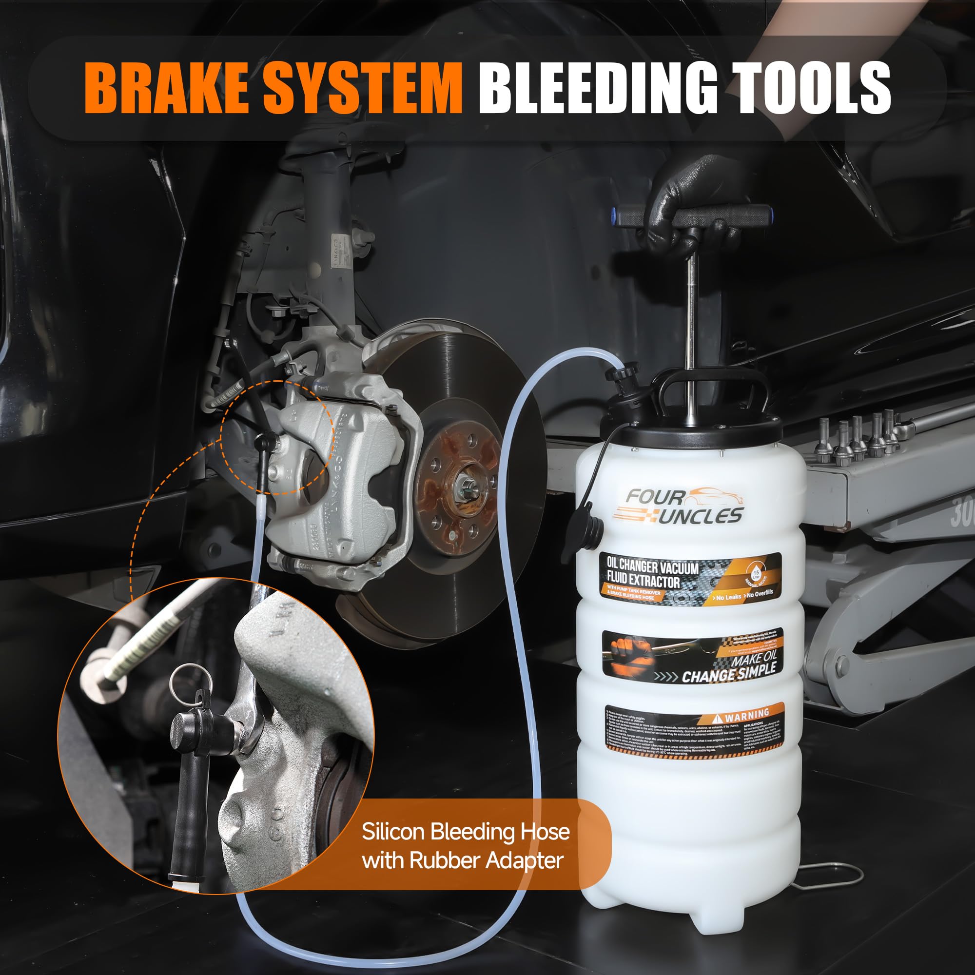 FOUR UNCLES extractor in use removing oil through dipstick, keeps work area clean