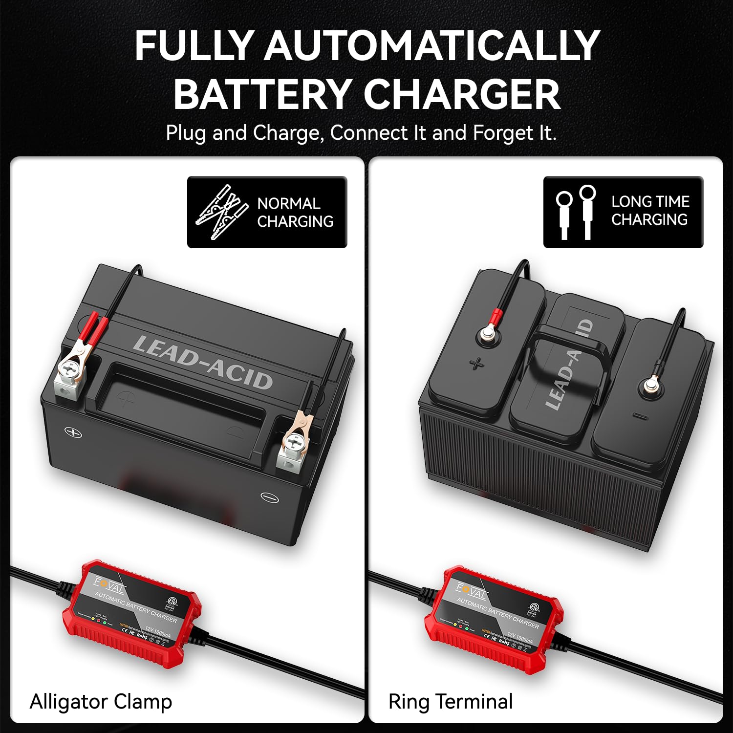 FOVAL charger alligator clip in use on battery terminal for quick temporary charging