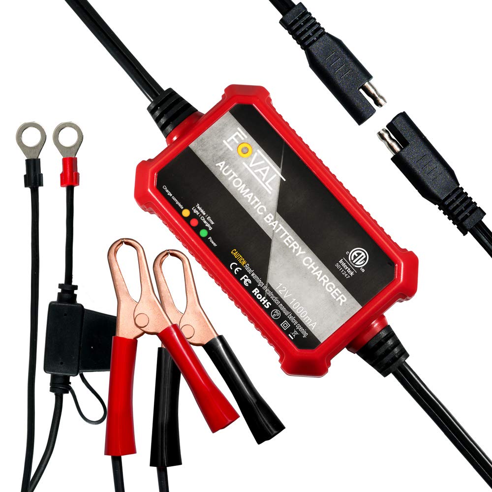 FOVAL charger front view showing compact housing and brand, ideal space-saving maintainer