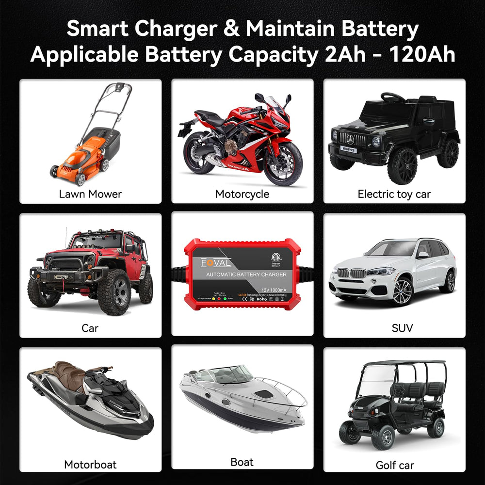 FOVAL four chargers arranged in a garage highlighting multi-battery maintenance