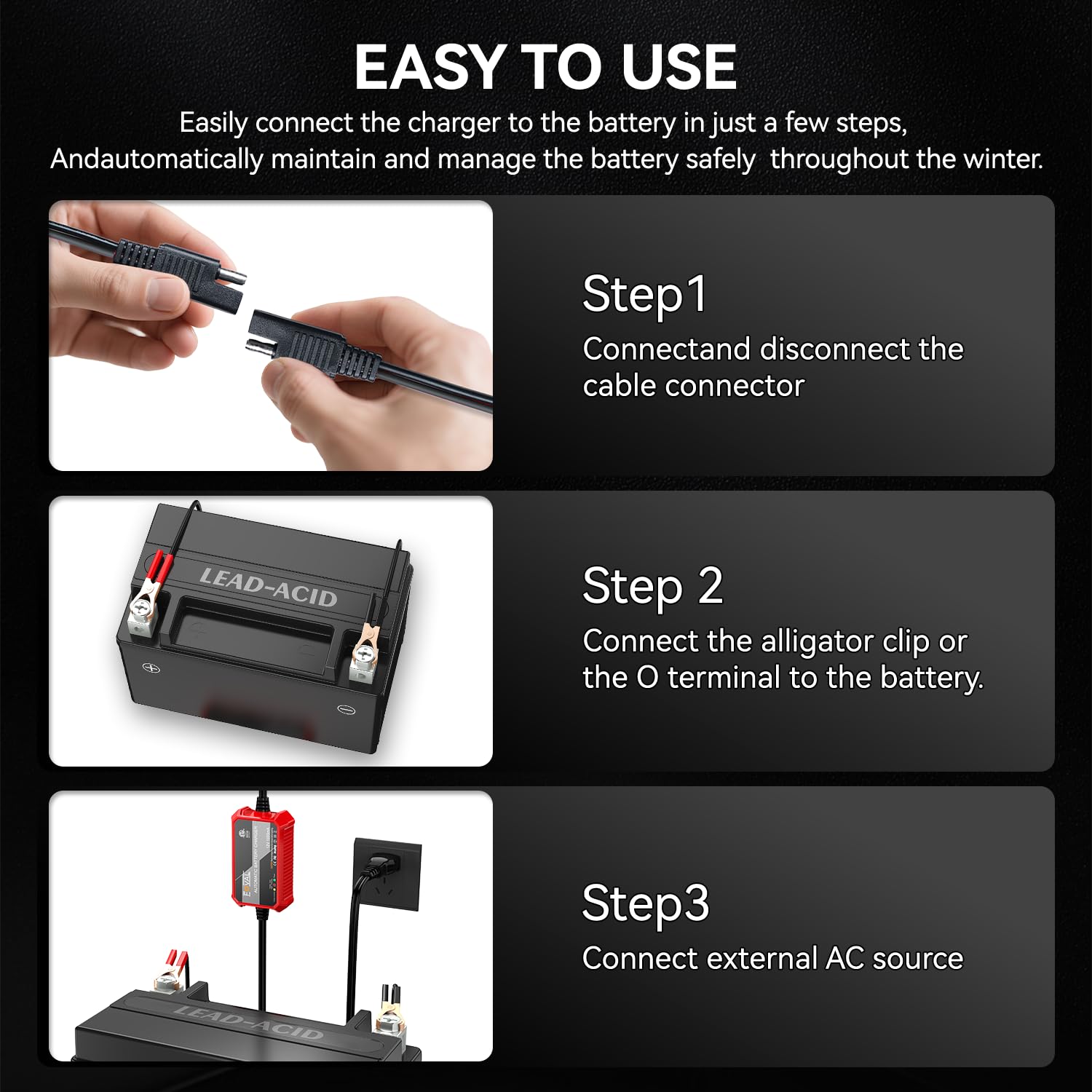 FOVAL charger connected to a motorcycle battery for easy maintenance