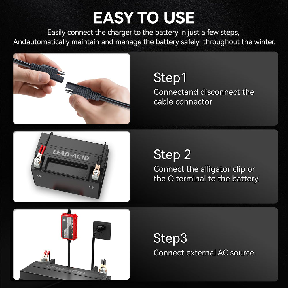 FOVAL charger connected to a motorcycle battery for easy maintenance