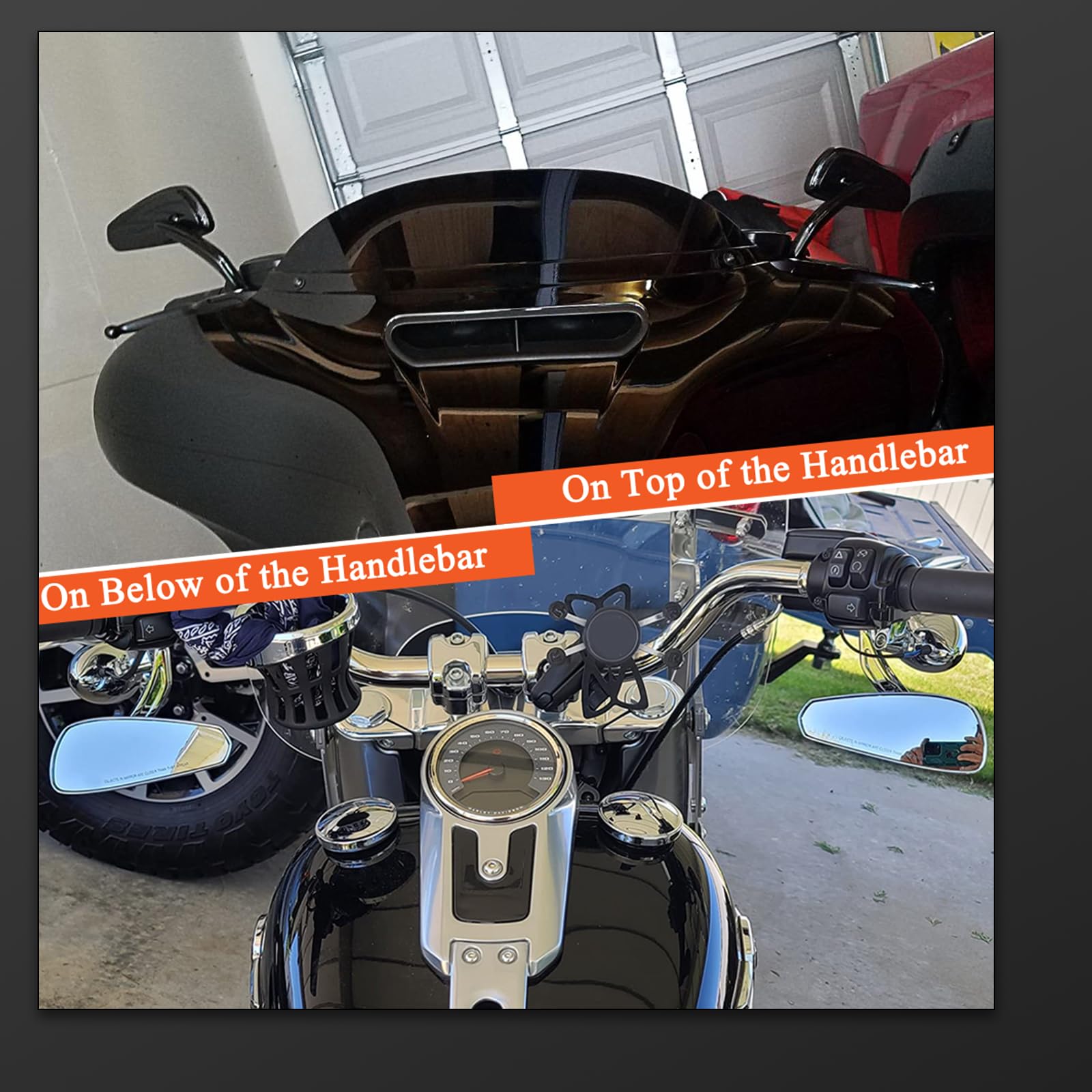 FOVPLUE mirror mounted on handlebar top showing adjustable positioning benefit