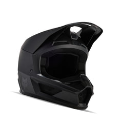 Fox Racing helmet front view showing clean matte black finish and secure fit benefit