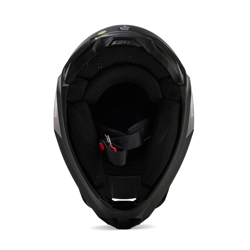 Fox Racing helmet shell close-up showing polycarbonate and ABS construction durability benefit