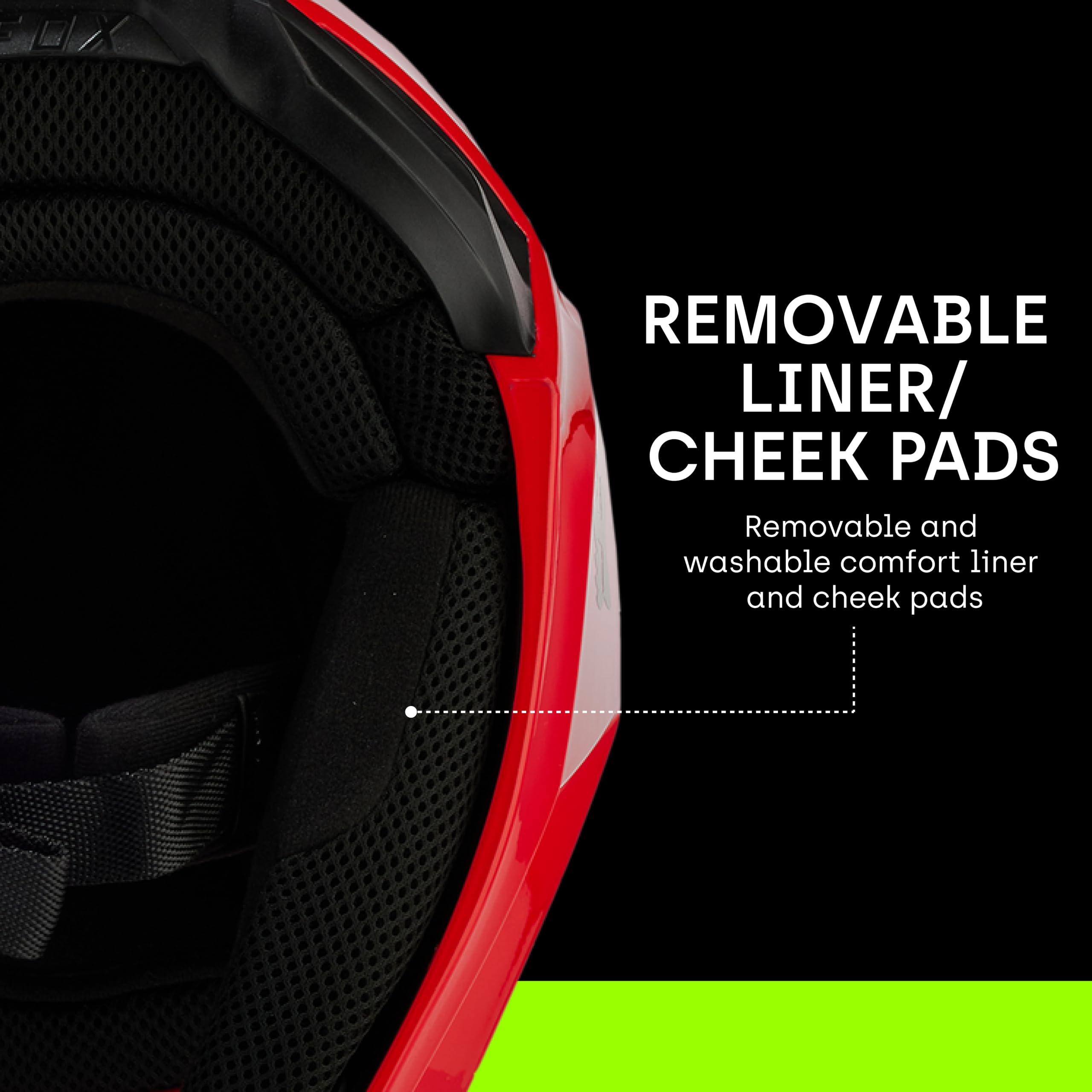 Fox Racing V Core cheek pad removed showing replaceable pads for custom fit and hygiene