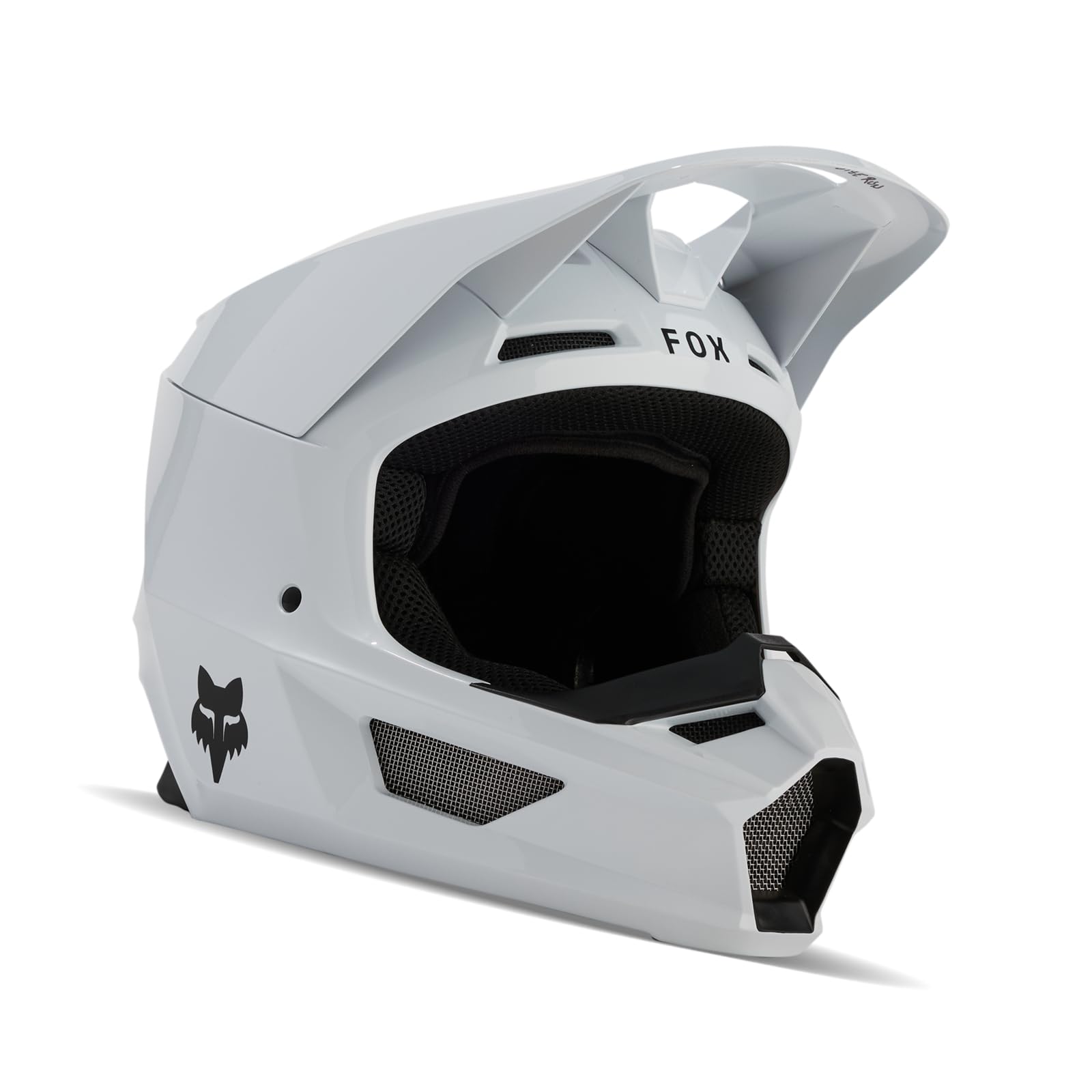 Fox Racing V Core front profile showing helmet shape and matte white finish for clear visibility