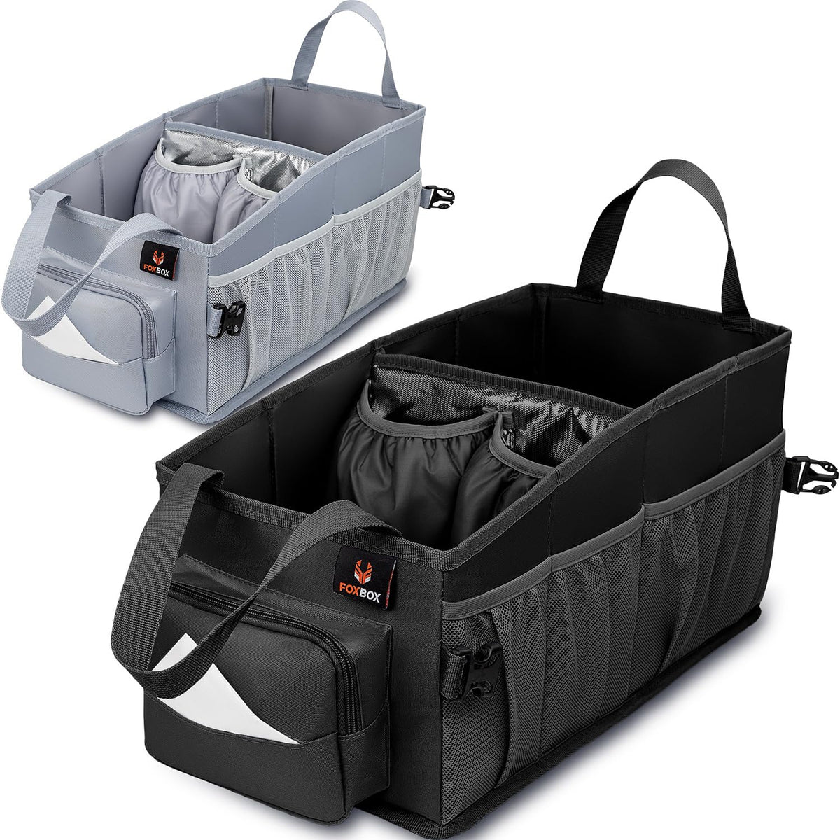 FoxBox front view organizer on passenger floor showing tidy storage benefit