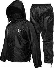 Foxelli rain suit front view showing full jacket and pants, protection and coverage