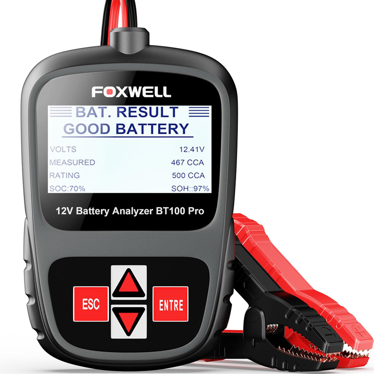 FOXWELL BT100 PRO front view showing compact tester for quick battery checks