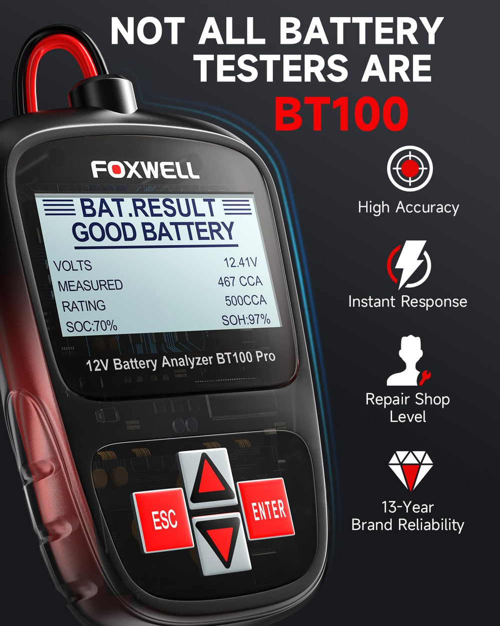 FOXWELL BT100 label close-up showing supported battery types and safety features