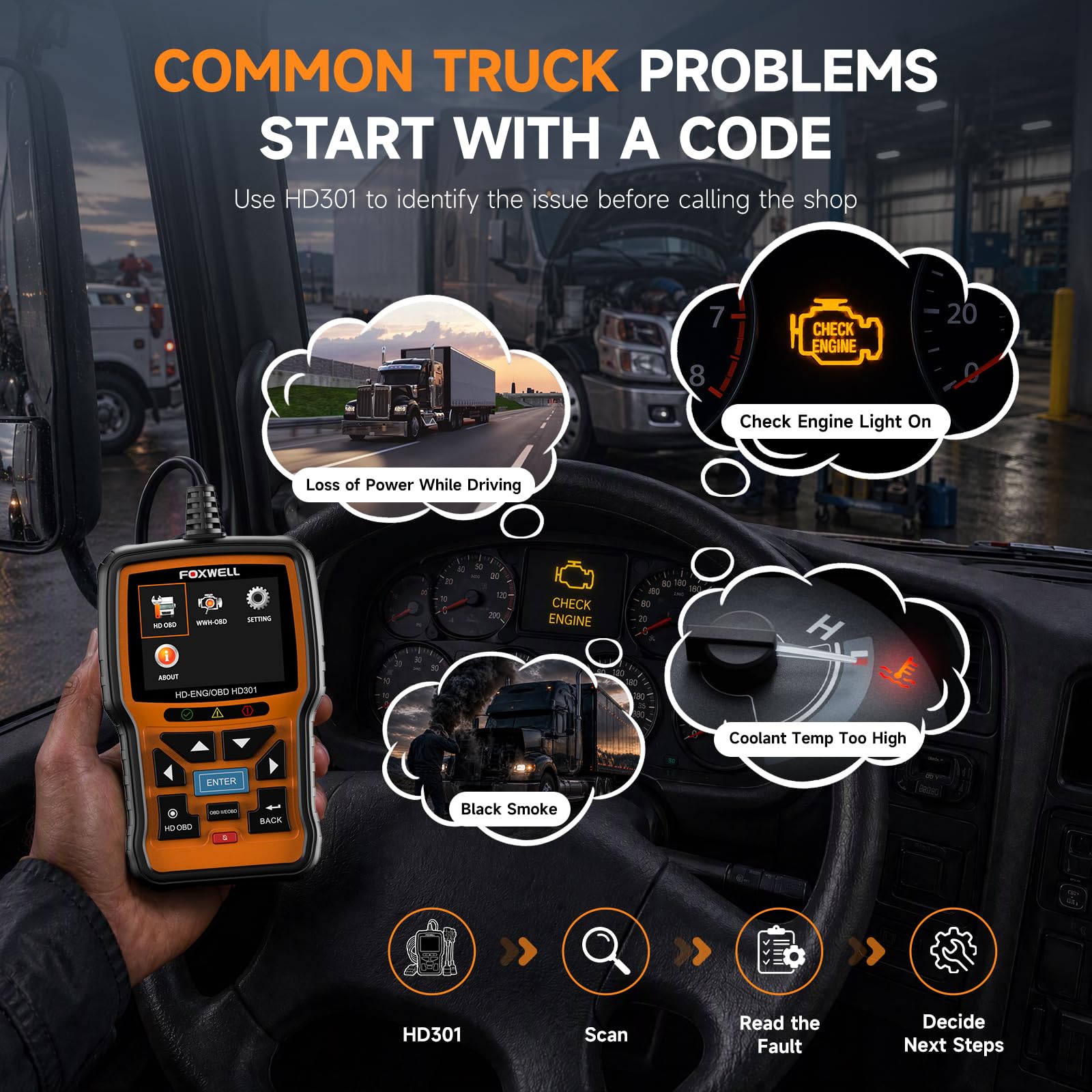 FOXWELL adapters 6-pin 9-pin and 16-pin displayed for broad truck coverage