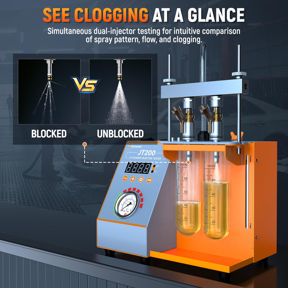 FOXWELL injector mounted in tester demonstrating how to visualize spray performance