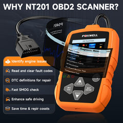 FOXWELL NT201 2.4-inch screen closeup showing clear diagnostics for fast decisions