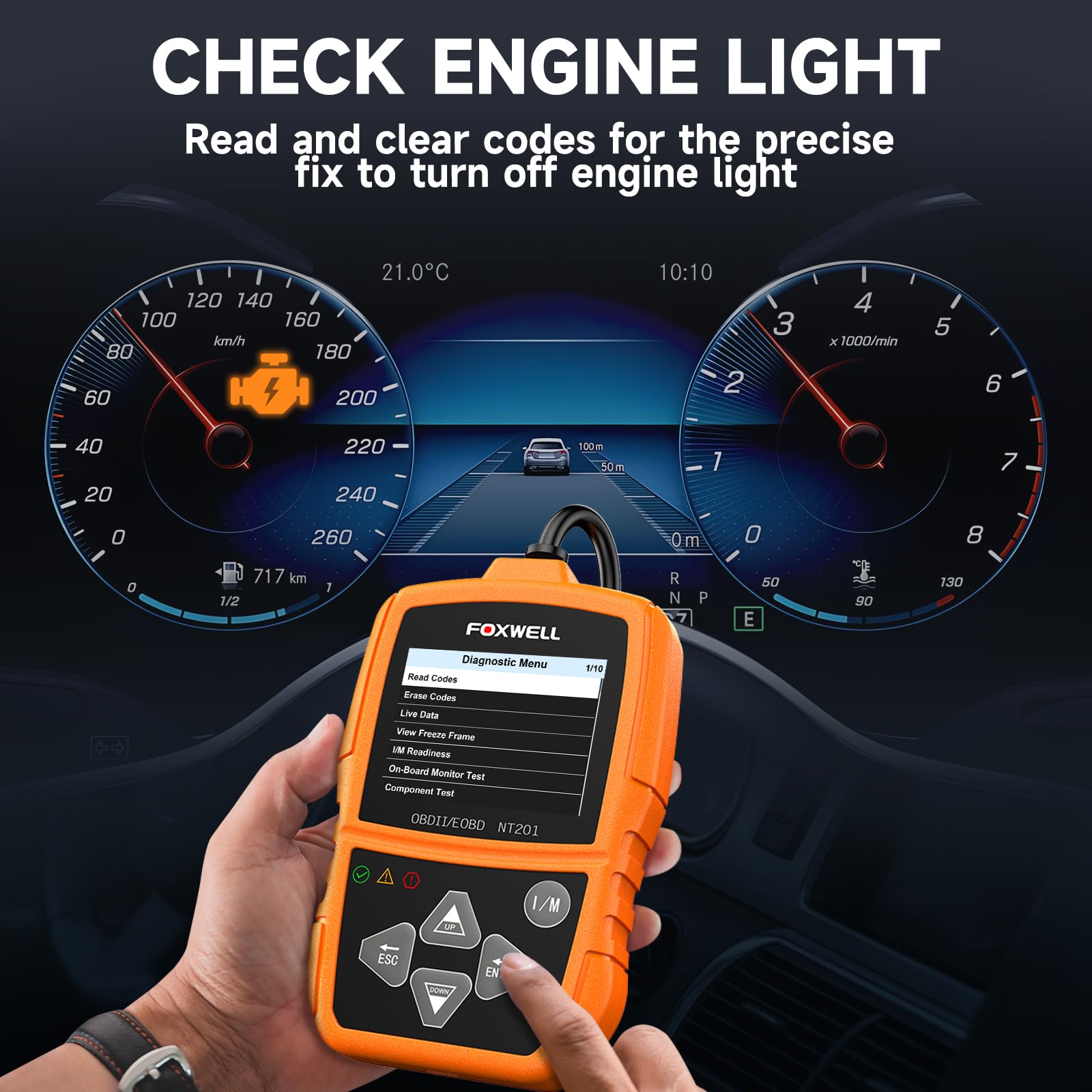 FOXWELL NT201 plugged into vehicle OBD2 port under dash demonstrating simple setup