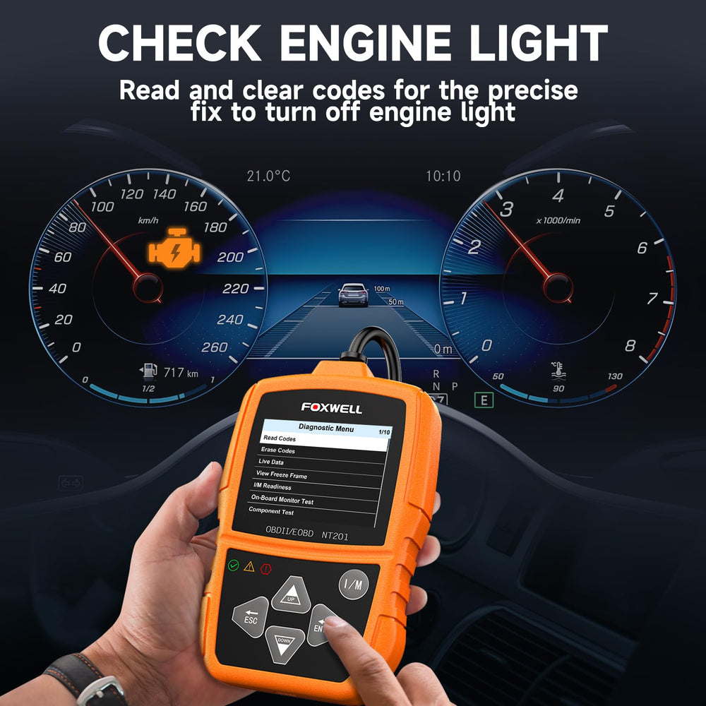 FOXWELL NT201 plugged into vehicle OBD2 port under dash demonstrating simple setup