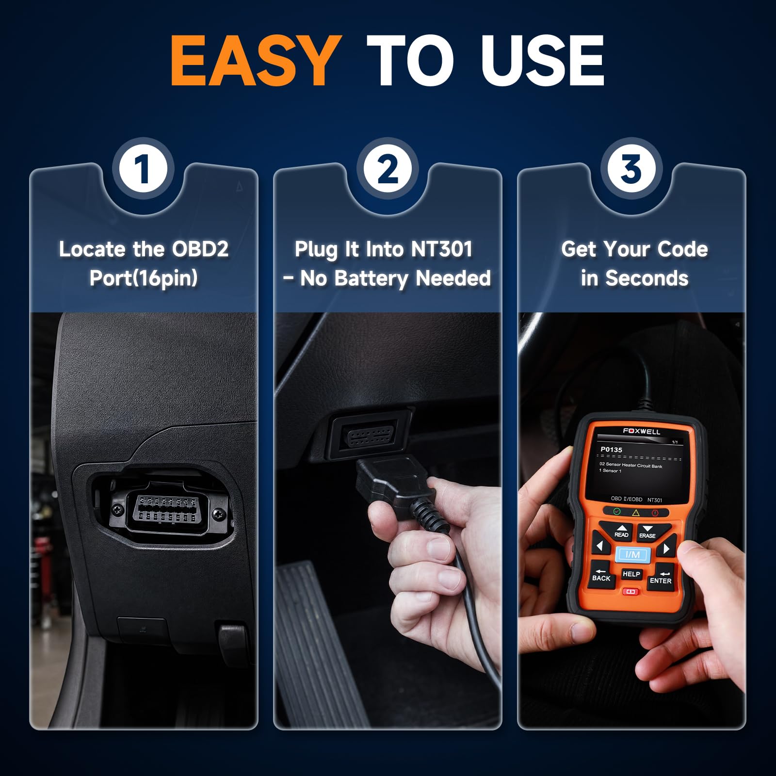 FOXWELL NT301 display showing O2 sensor test results for emissions troubleshooting benefit