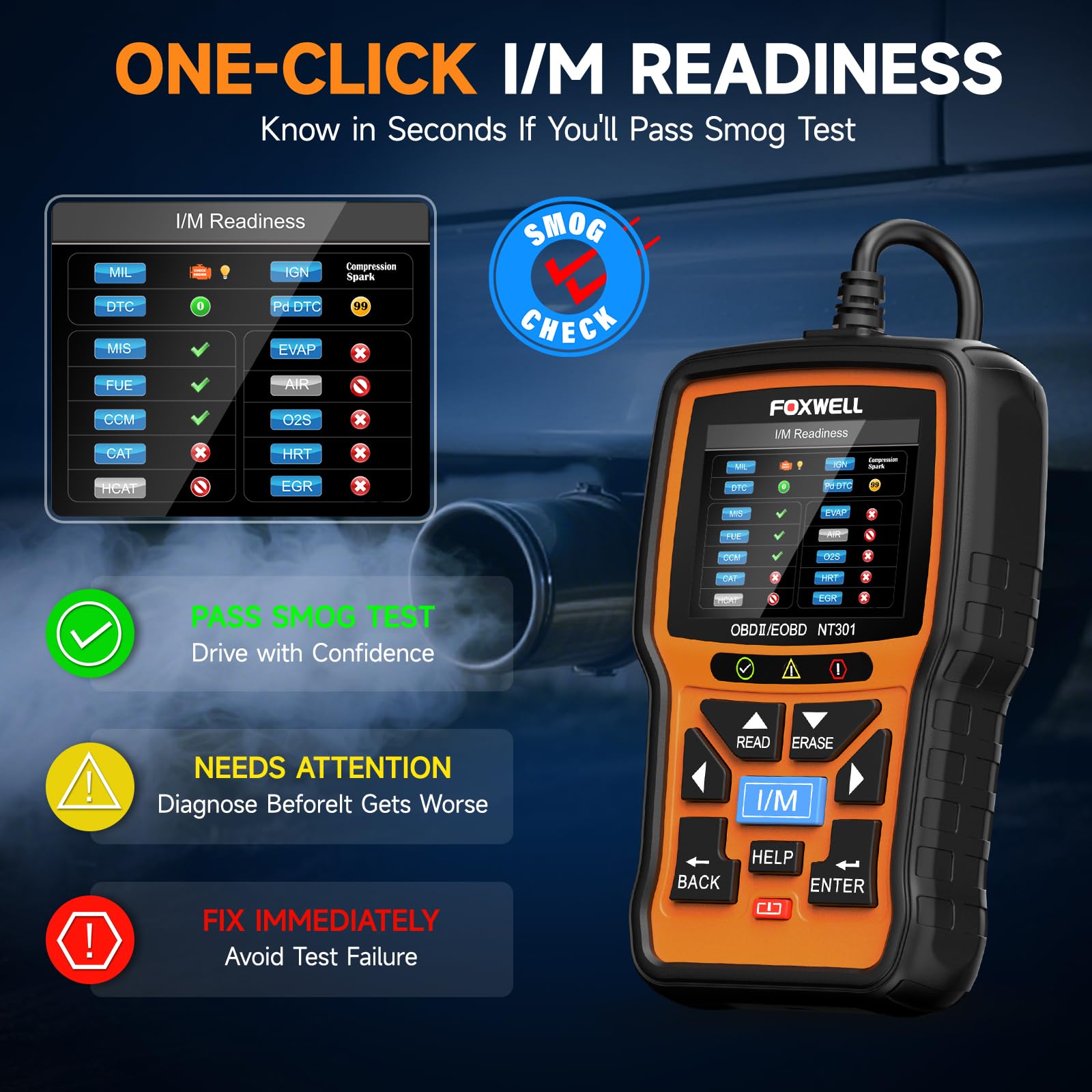 FOXWELL NT301 plugged into vehicle DLC port for instant plug-and-play diagnostics benefit