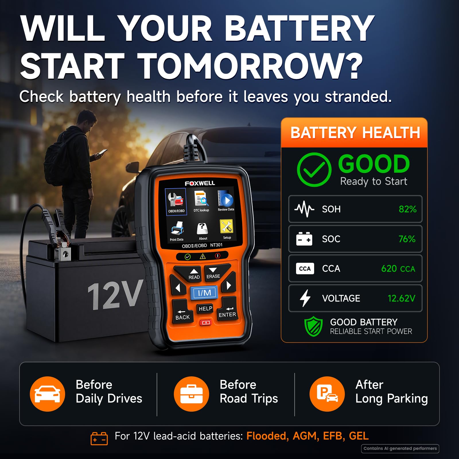 FOXWELL NT301 Plus connected for battery test illustrating 12V battery health check before travel