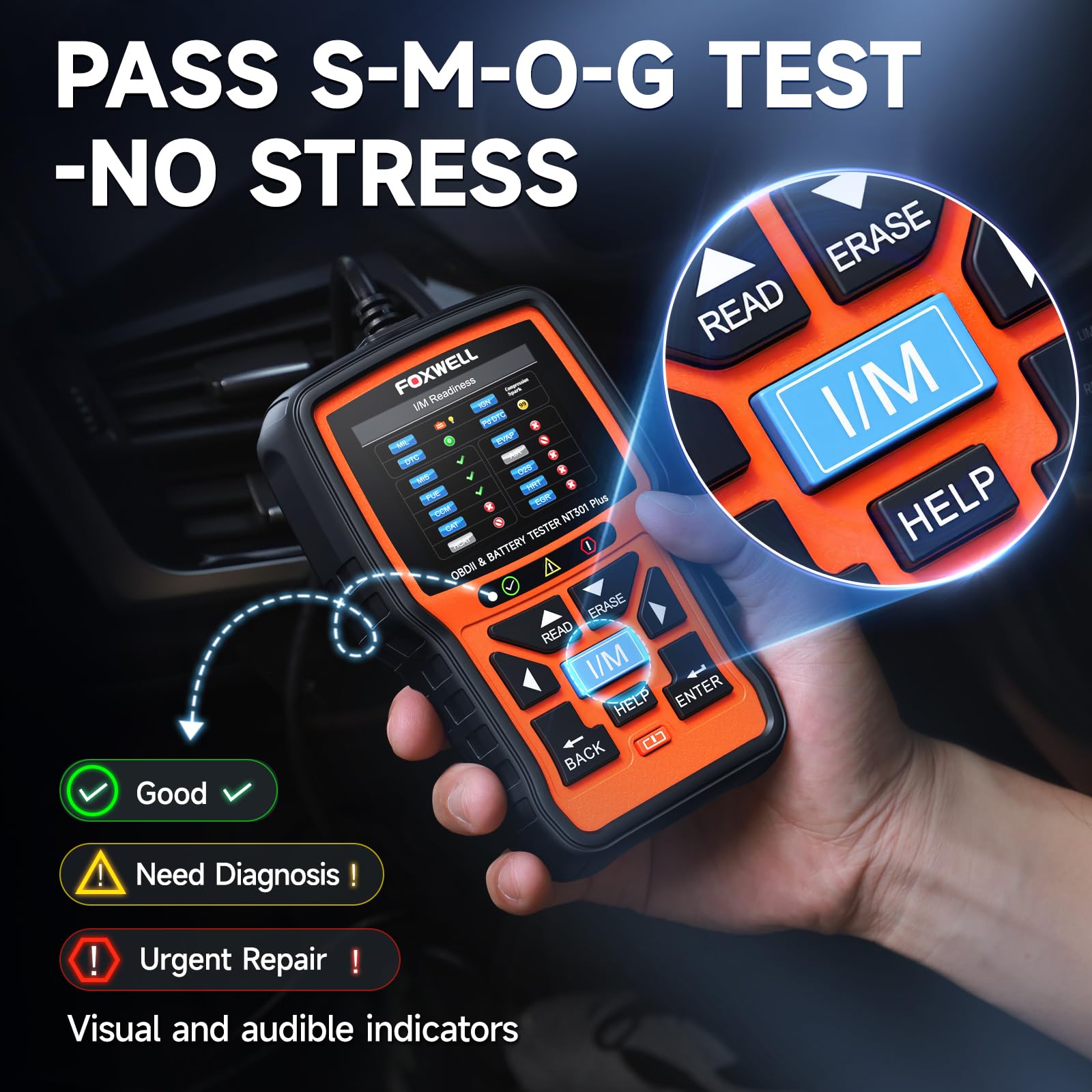 FOXWELL NT301 Plus close-up of OBDII connector and label detailing model information