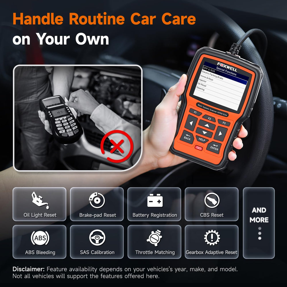 FOXWELL NT510 Elite held in hand showing size and portability, easy garage handling