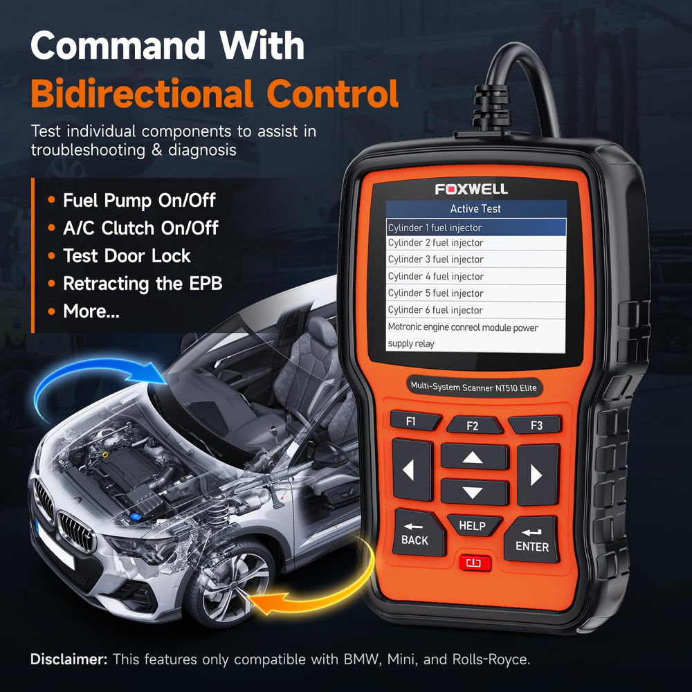 FOXWELL NT510 Elite OBD2 connector close-up plugged in, fast vehicle connection advantage