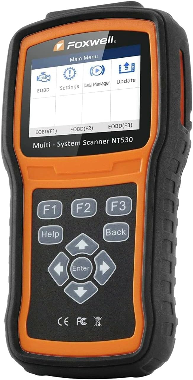 FOXWELL NT530 front view showing full diagnostics screen and robust handheld design benefit