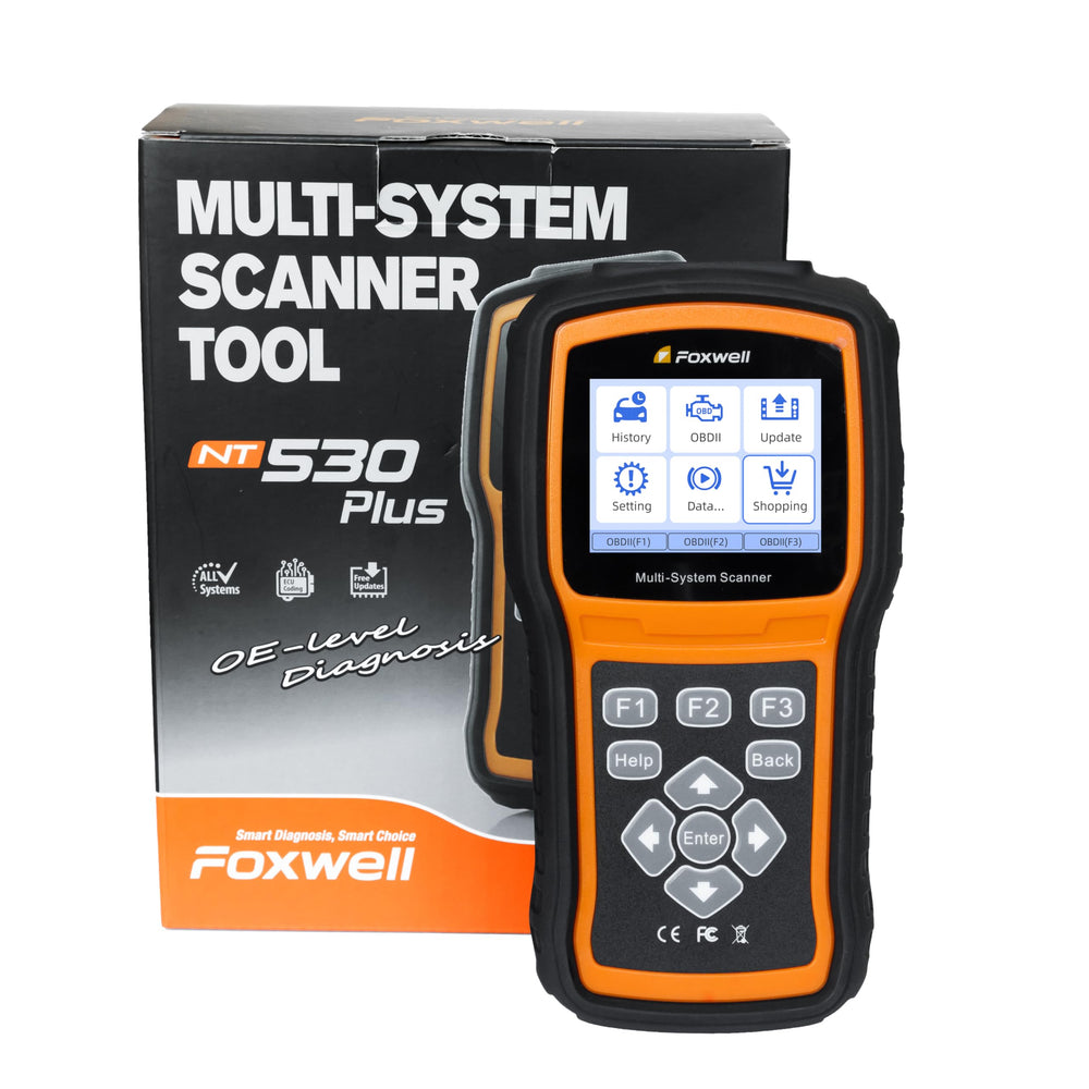 FOXWELL NT530 connector ports close-up showing robust OBD2 cable connection for secure diagnostics