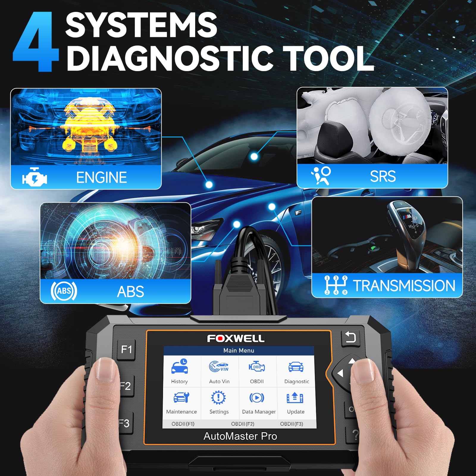 FOXWELL NT614 connection ports and OBD2 cable for easy plug-and-play use
