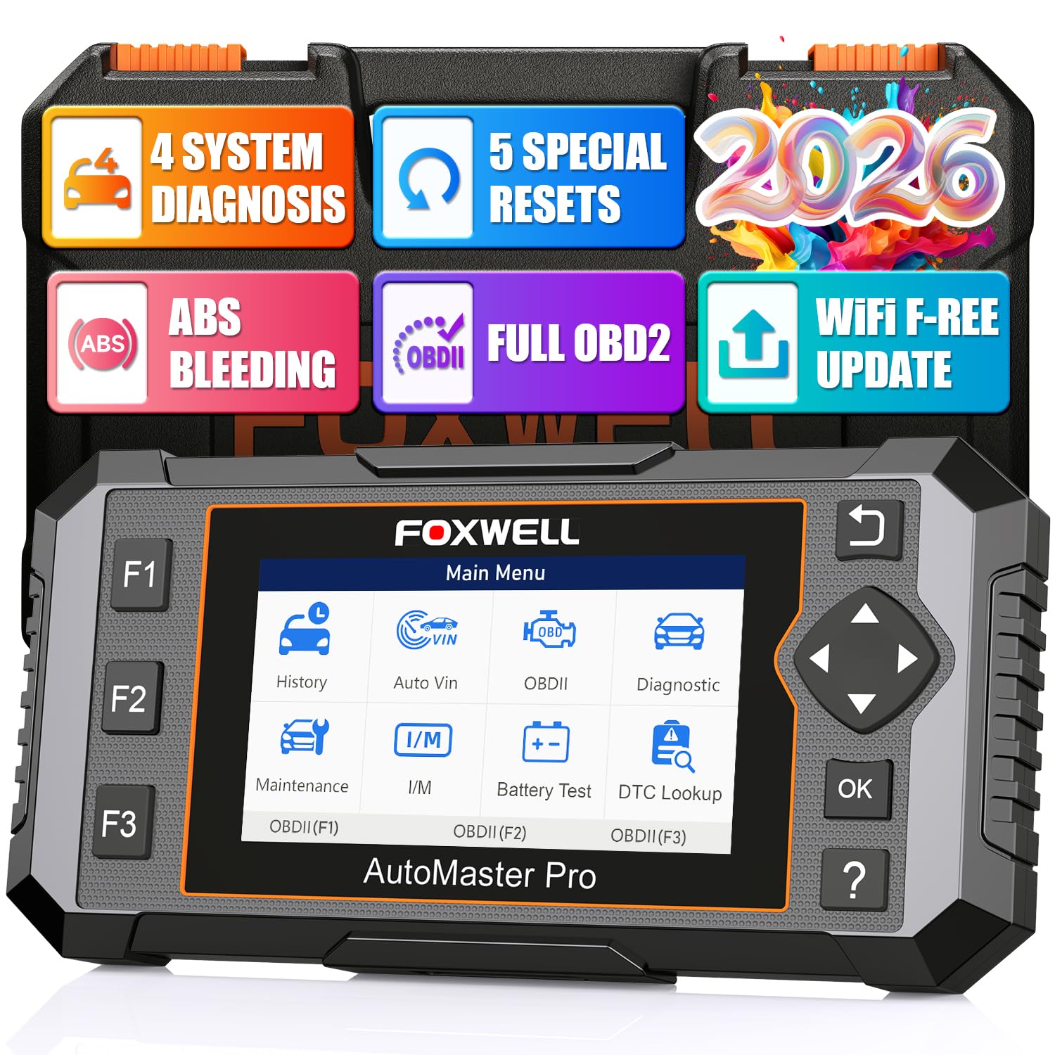 FOXWELL NT614 front display showing home screen and fast diagnostics benefit