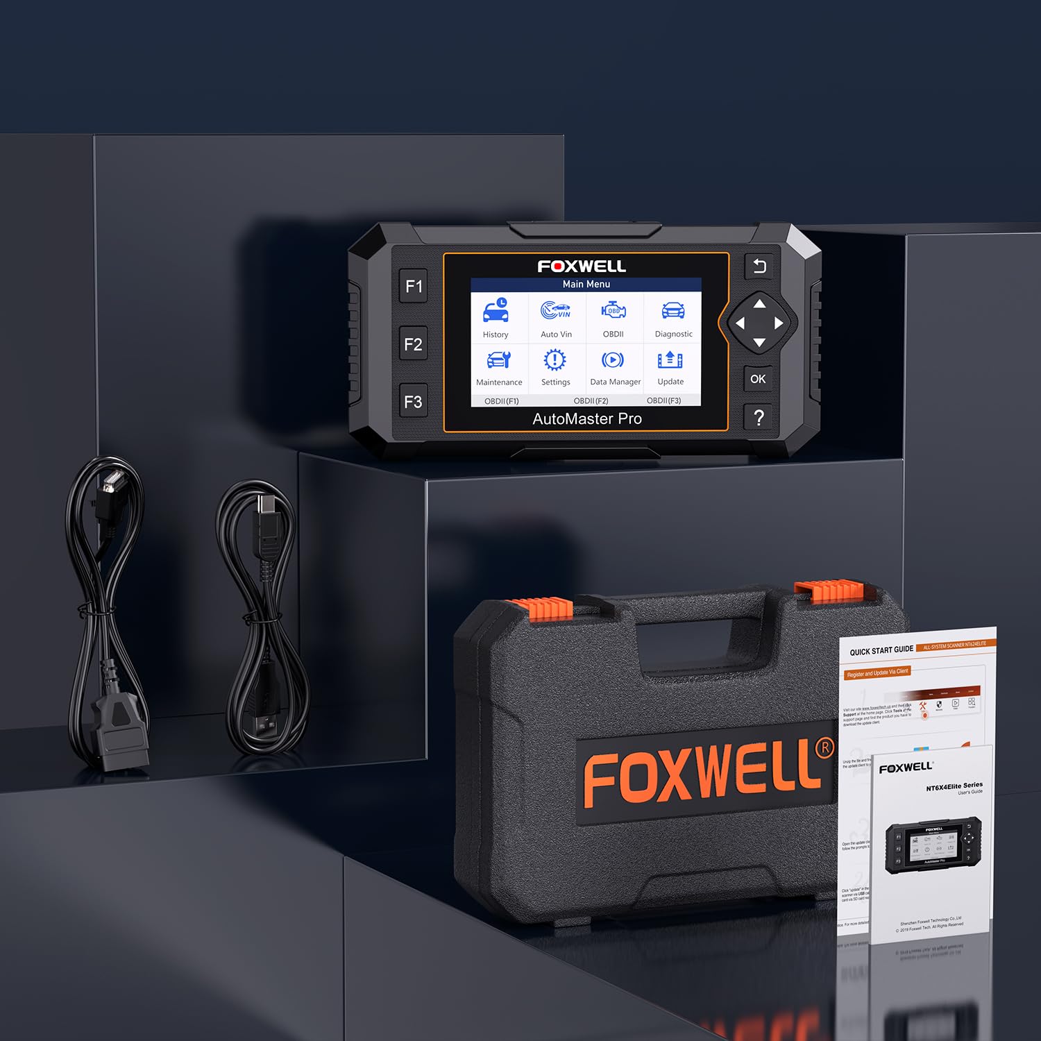 FOXWELL NT614 on garage workbench next to tools for DIY maintenance efficiency