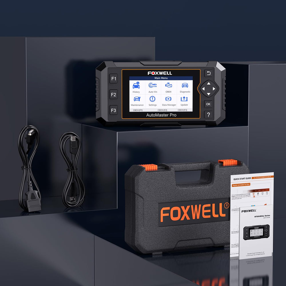 FOXWELL NT614 on garage workbench next to tools for DIY maintenance efficiency