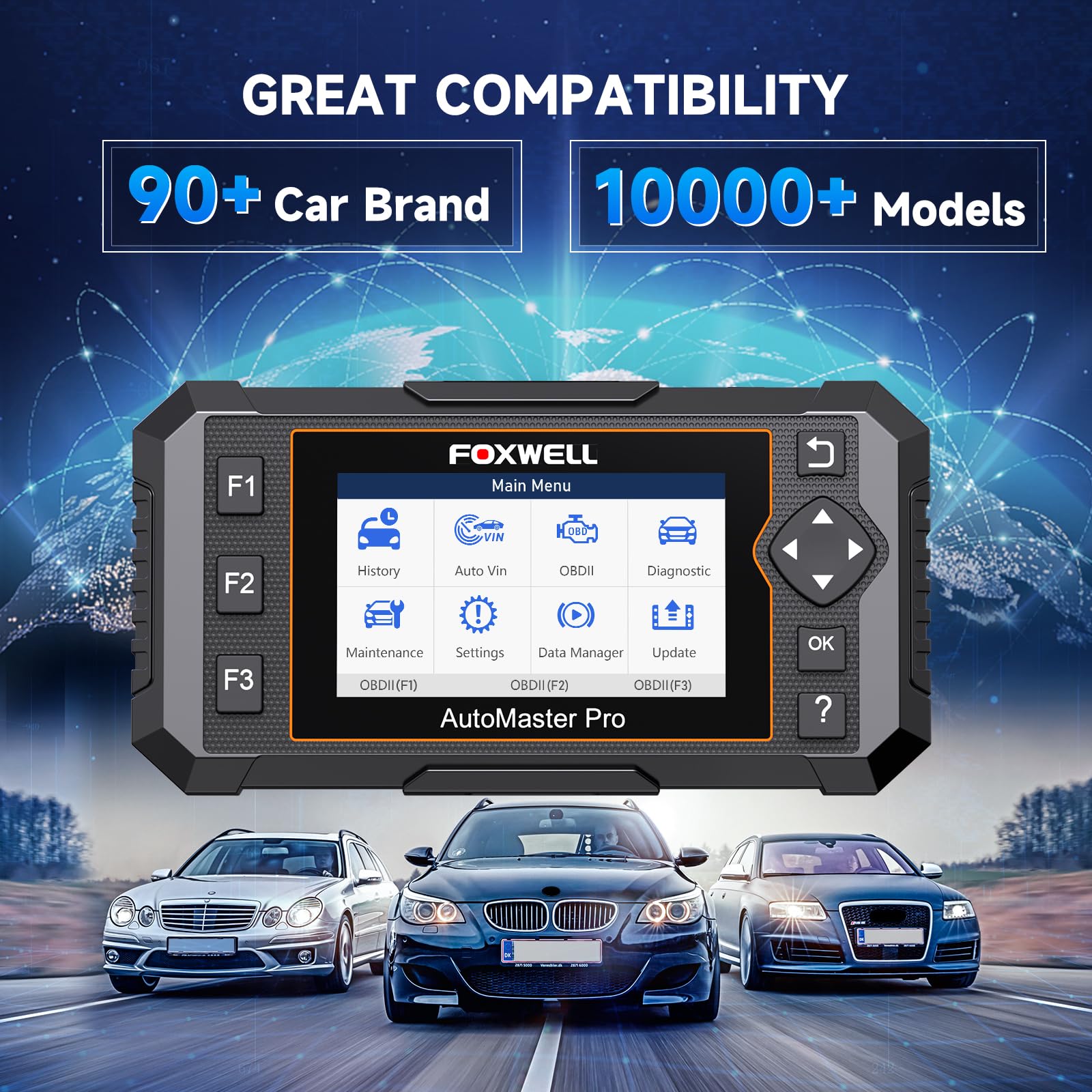 FOXWELL NT614 held in hand to show compact size and workshop portability