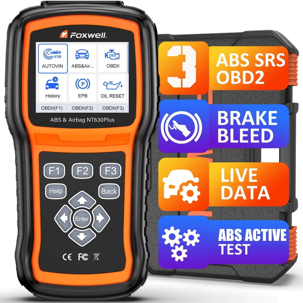 FOXWELL NT630 Plus front view showing screen and connector, clear diagnostics ready